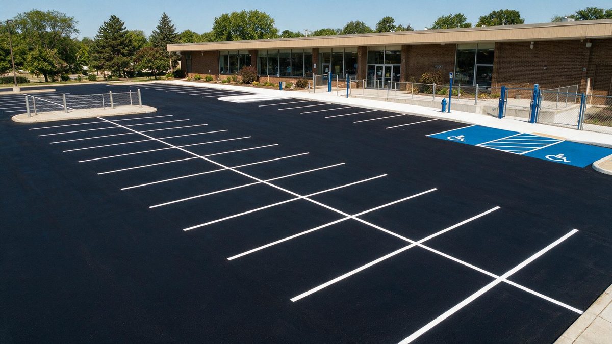Freshly seal-coated commercial parking lot with crisp white line striping and ADA-accessible stalls