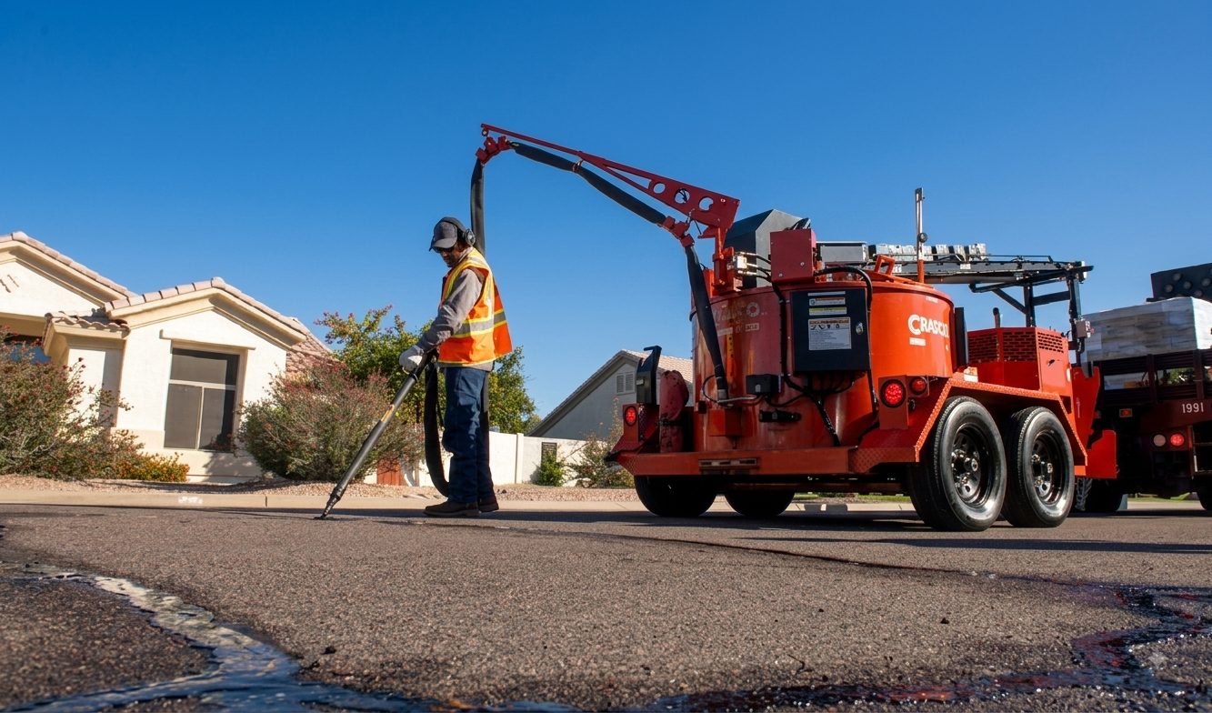 Anderson Asphalt worker crack-sealing a residential street with a hot crack-filling rig