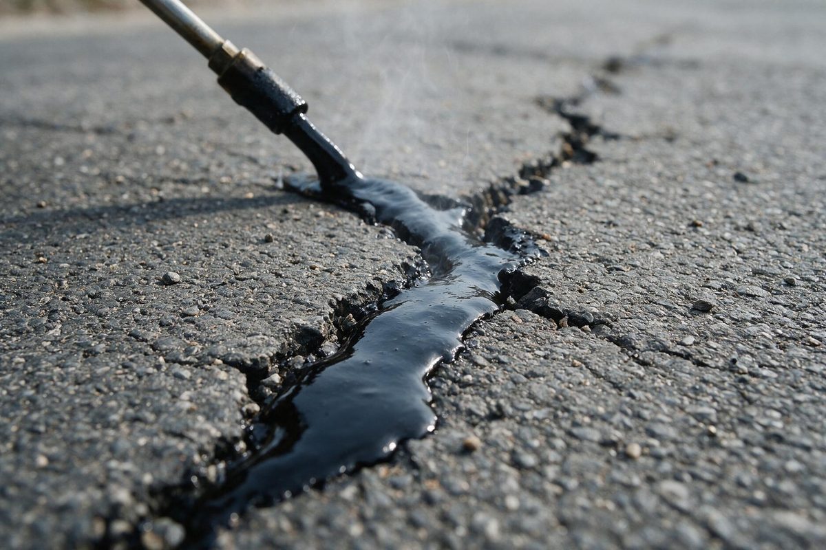 Close-up of hot rubberized crack filler being applied into an asphalt crack