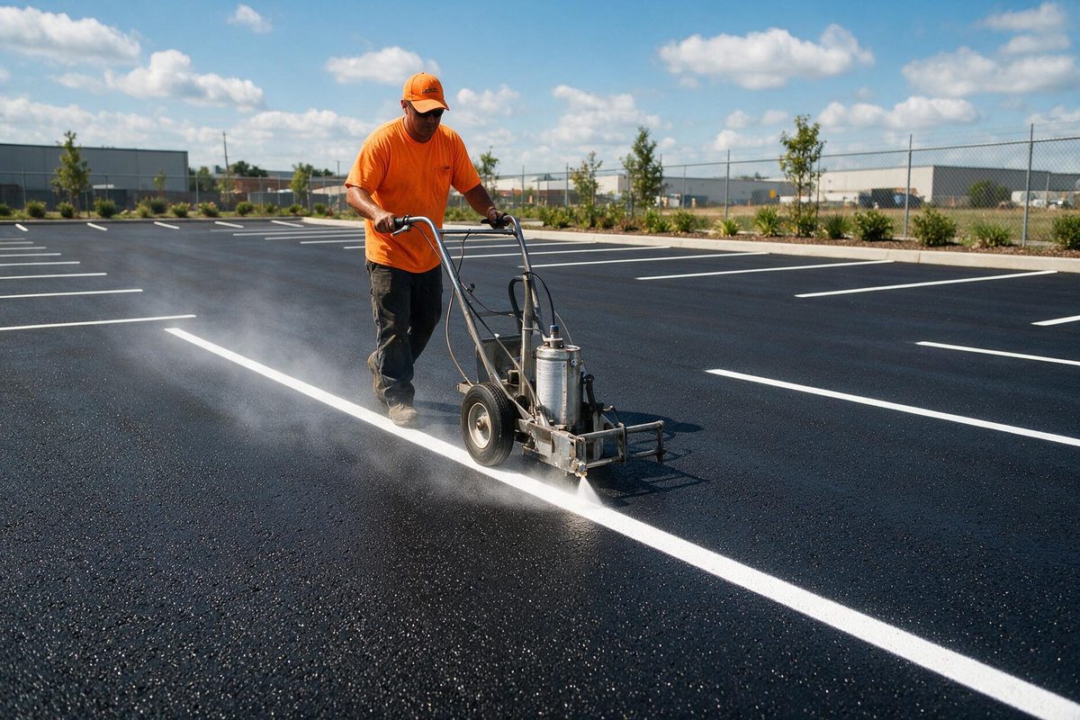 Crew member applying fresh white line striping across a newly seal-coated parking lot
